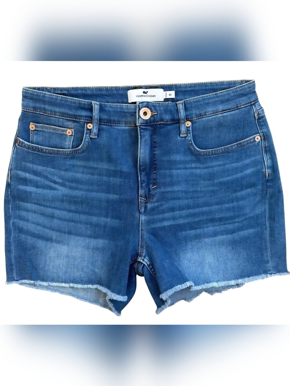 Vineyard Vines High Rise Medium Wash Raw Fringe Hem Zipper Fly Denim Shorts 30